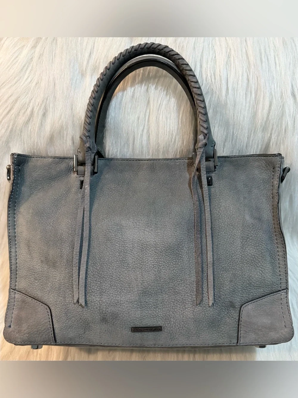 Rebecca Minkoff Regan Nubuck Leather Satchel Tote Crossbody Tassels Gray GUC